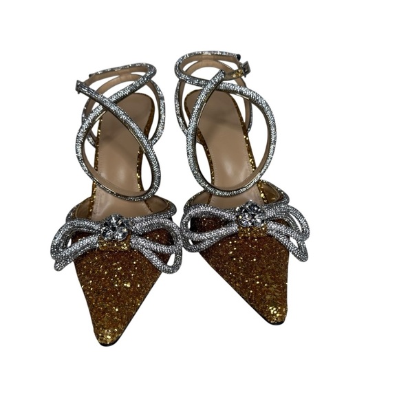 MACH & MACH Double Bow Crystal Gold Glitter Heels size 41.5/11.5 - Picture 3 of 12
